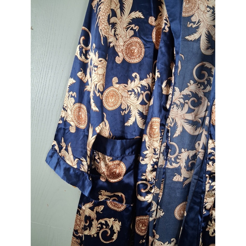 Satin Robe Blue & Gold Baroque Print Belted Pockets Mens Large Dressing Gown - Picture 3 of 10